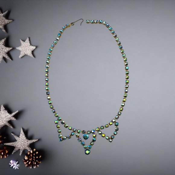 Vintage Blue Aurora Borealis Rhinestone Necklace Triple Triangle Necklace - Picture 8 of 11